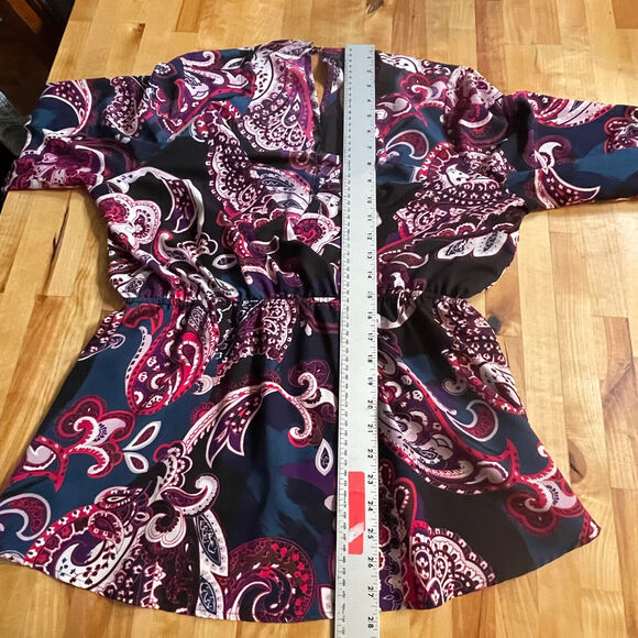 Lane Bryant Top Multicolor Paisley Print Long Bell Sleeve Wrap Blouse sz 14‎ EUC - Picture 10 of 15